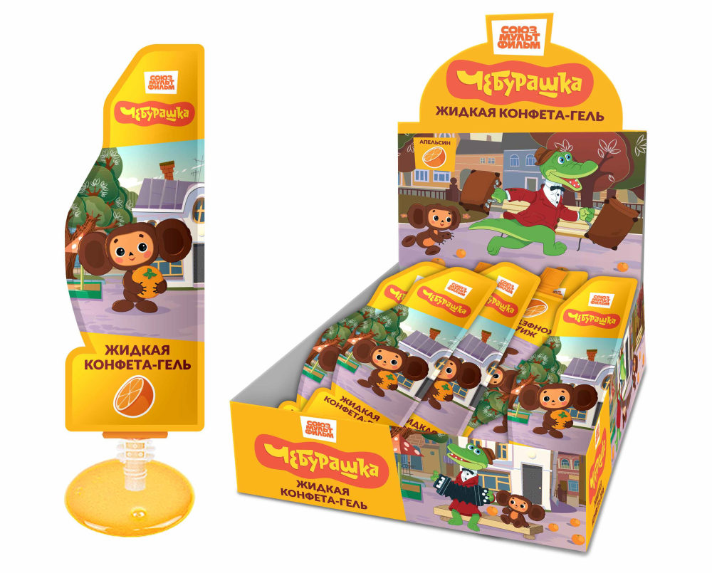 ЧЕБУРАШКА жидкая конфета-гель со вкусом апельсина, блок 24 шт. (20г х 24 х 24)