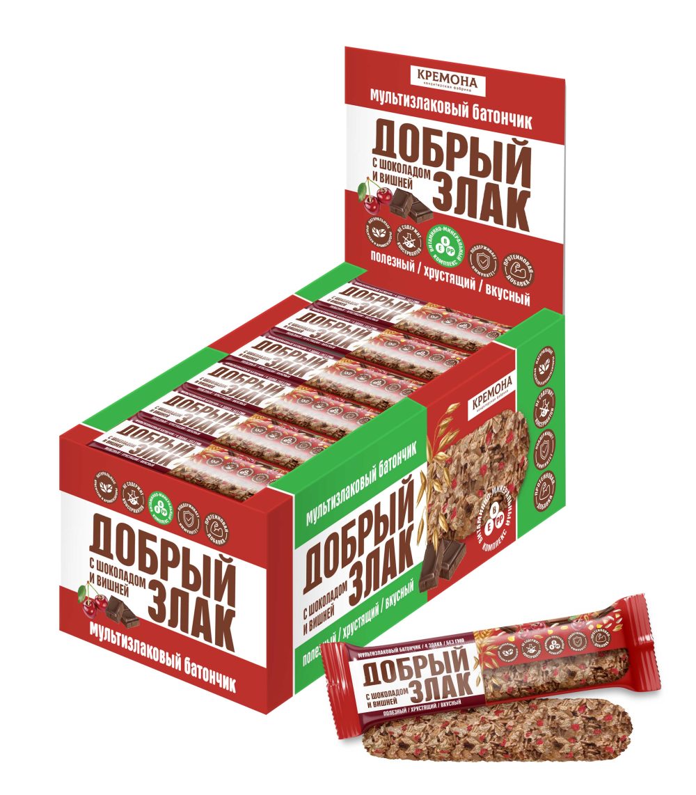ДОБРЫЙ ЗЛАК Мультизлаковый батончик с вишней и молочным шоколадом, 19г х 24 х 8