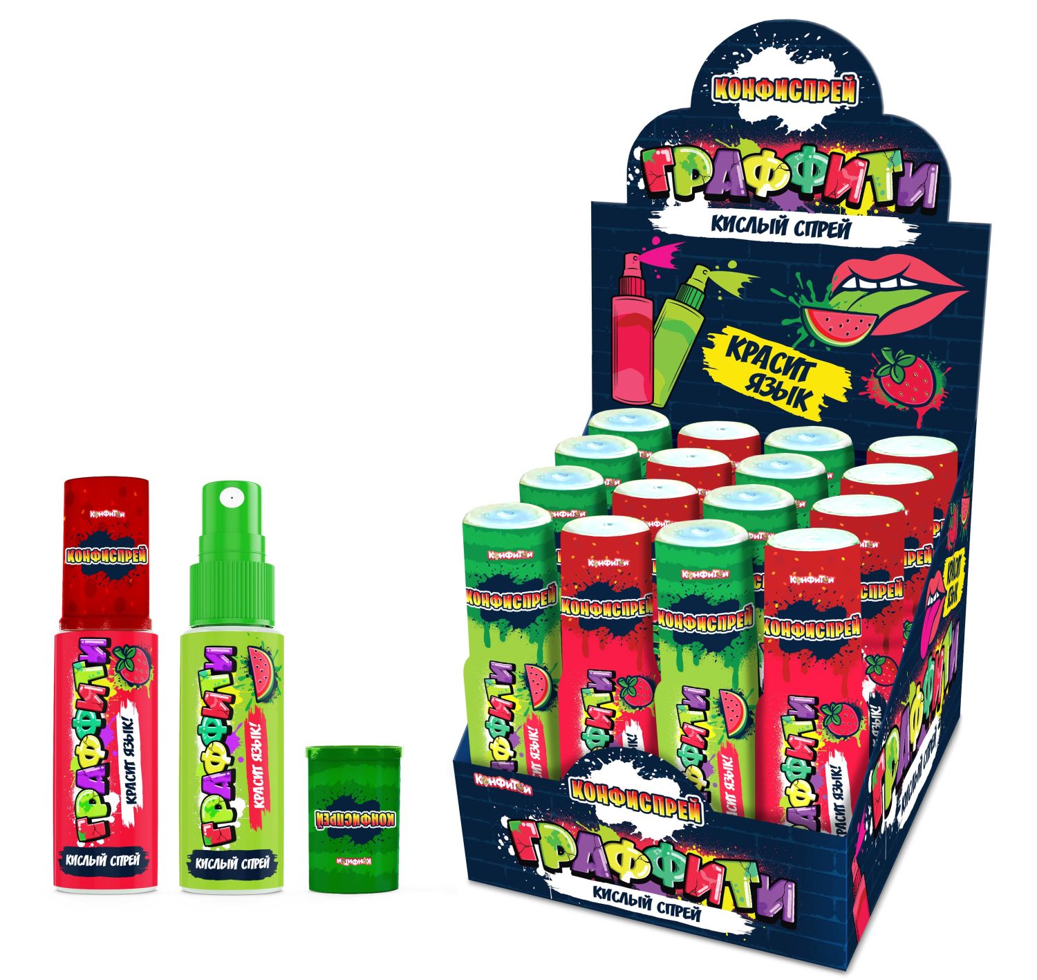 КОНФИСПРЕЙ Граффити кислый спрей, красящий язык, блок 24 шт. (30мл х 24 х 8)