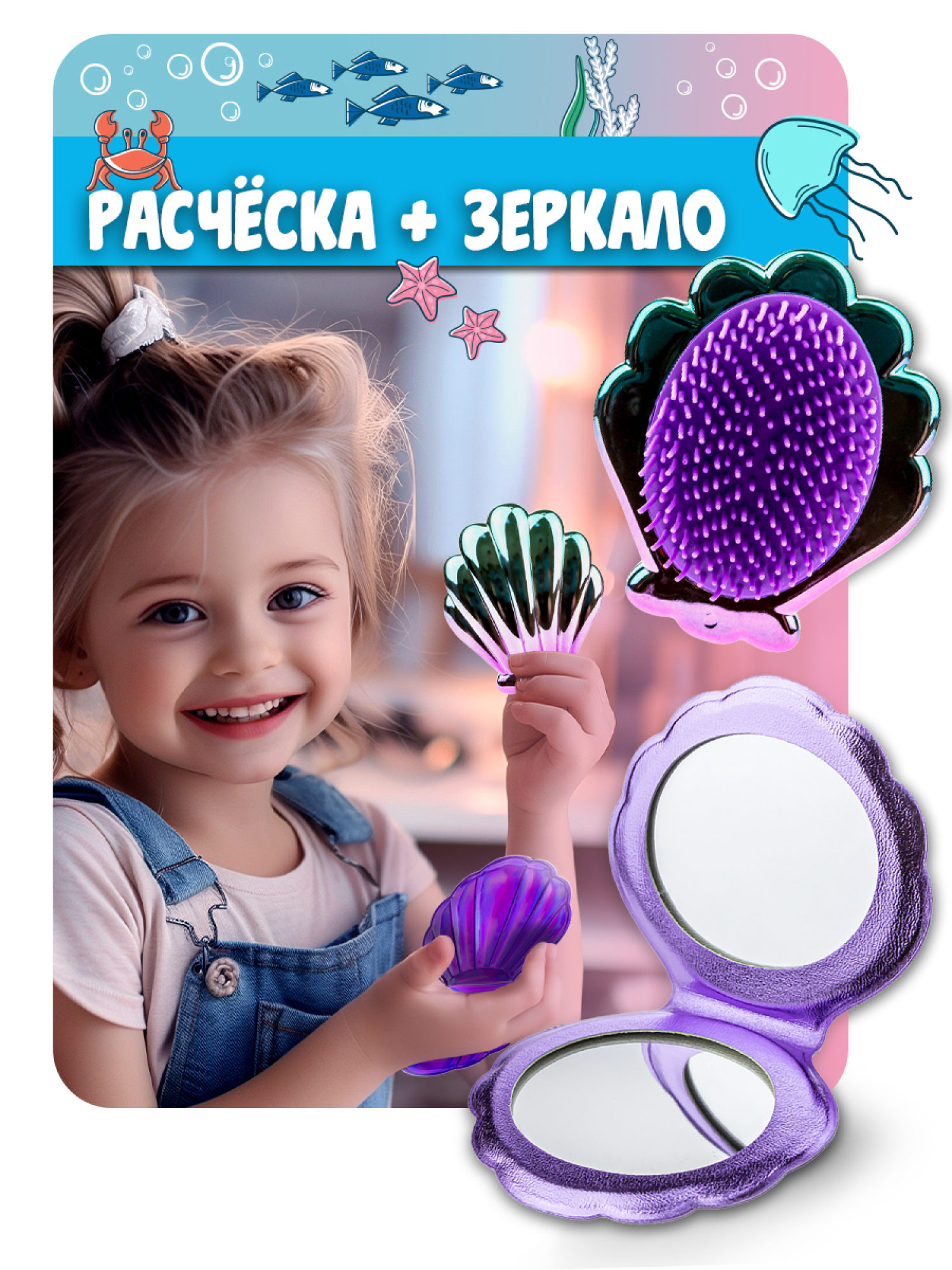 Lukky Набор 3 в 1: расческа+зеркальце "Ракушки" в косметичке, фиолетовый