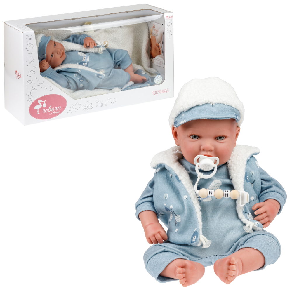 Arias Reborn Bruno новорожденный пупс мягкий 45 см., в голубой одежде, с соской, с одеялом,кор.