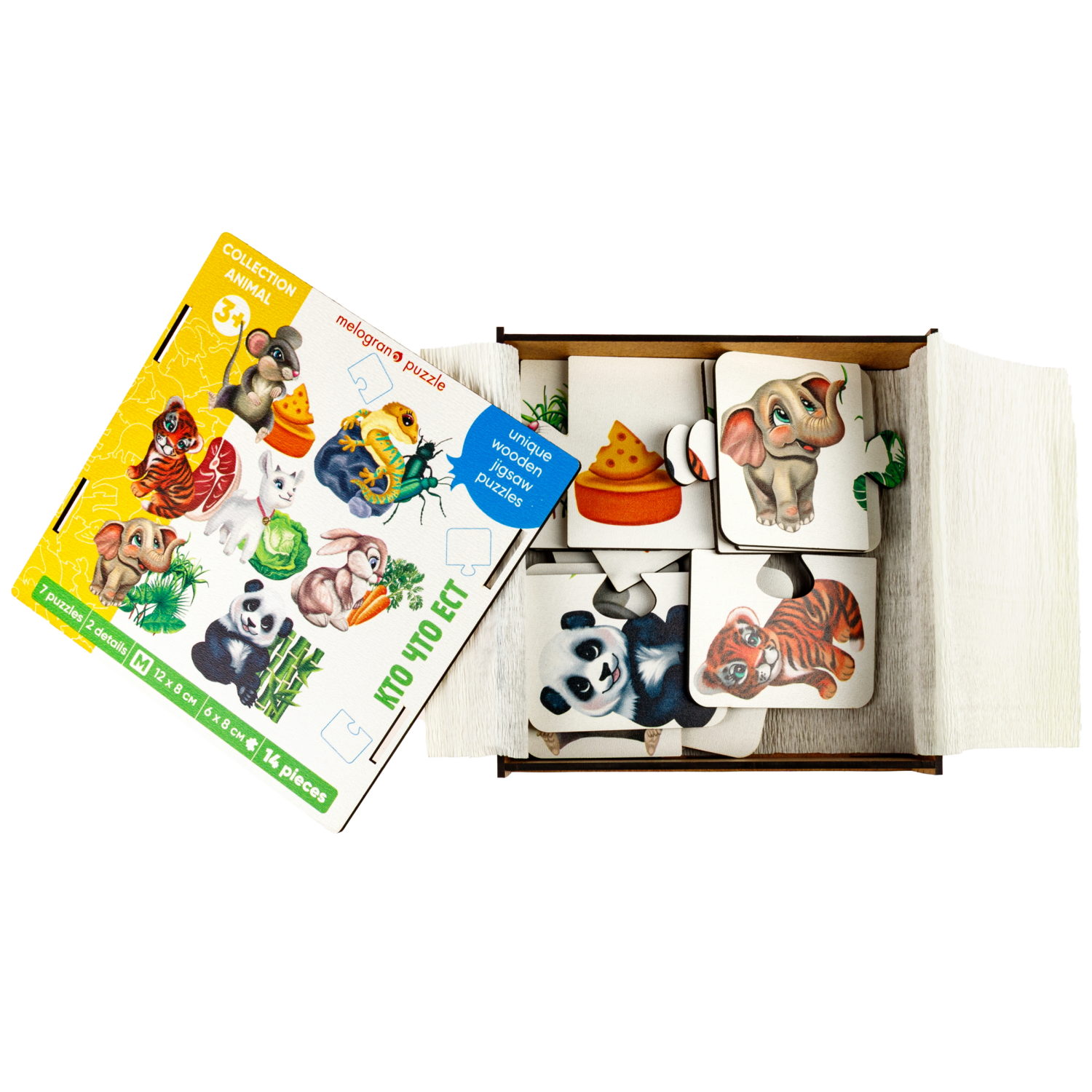 Деревянные пазлы Collection Animals, 7 животных из двух частей, 14 деталей