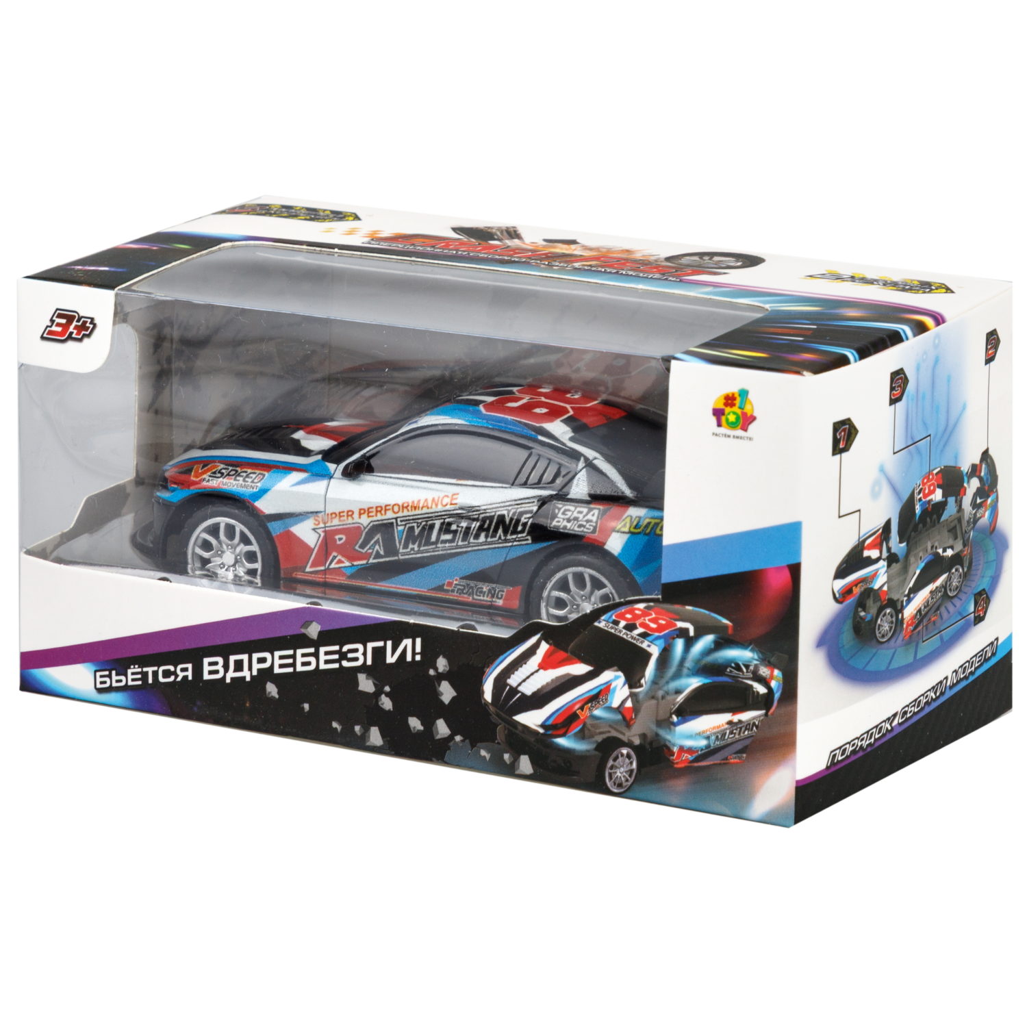 Машинка инерционная 2в1 1TOY CrashFest II , разборная, 13 см, 4 вида