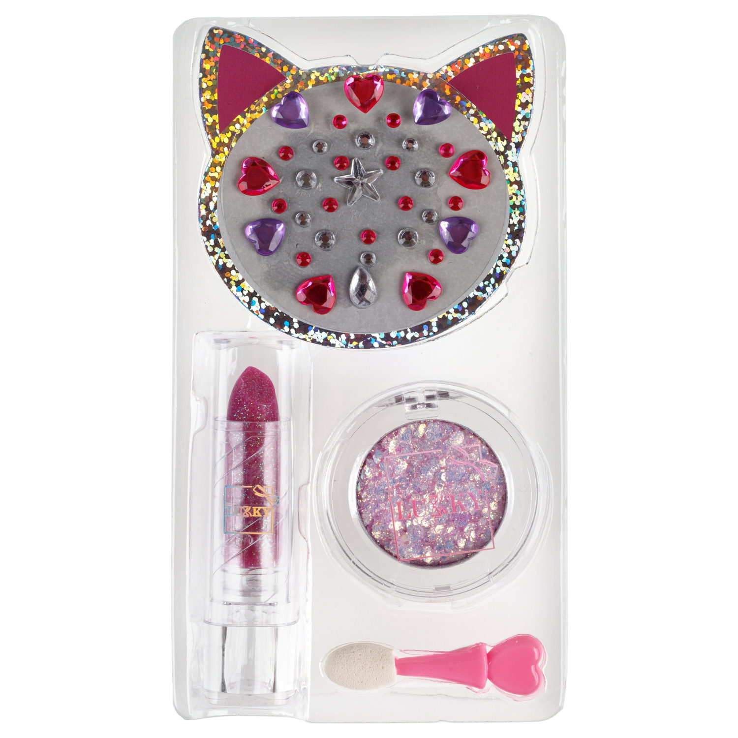 Lukky Дизайнер Сет #6, Розовый Котик,набор: помада для губ, меняющая цвет на розовый, гель-блёстки, стразы для лица, аппликатор