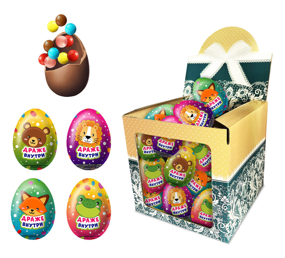 ЯЙЦО из глазури с драже внутри, блок 40 шт. (17,5 х 40 х 6)