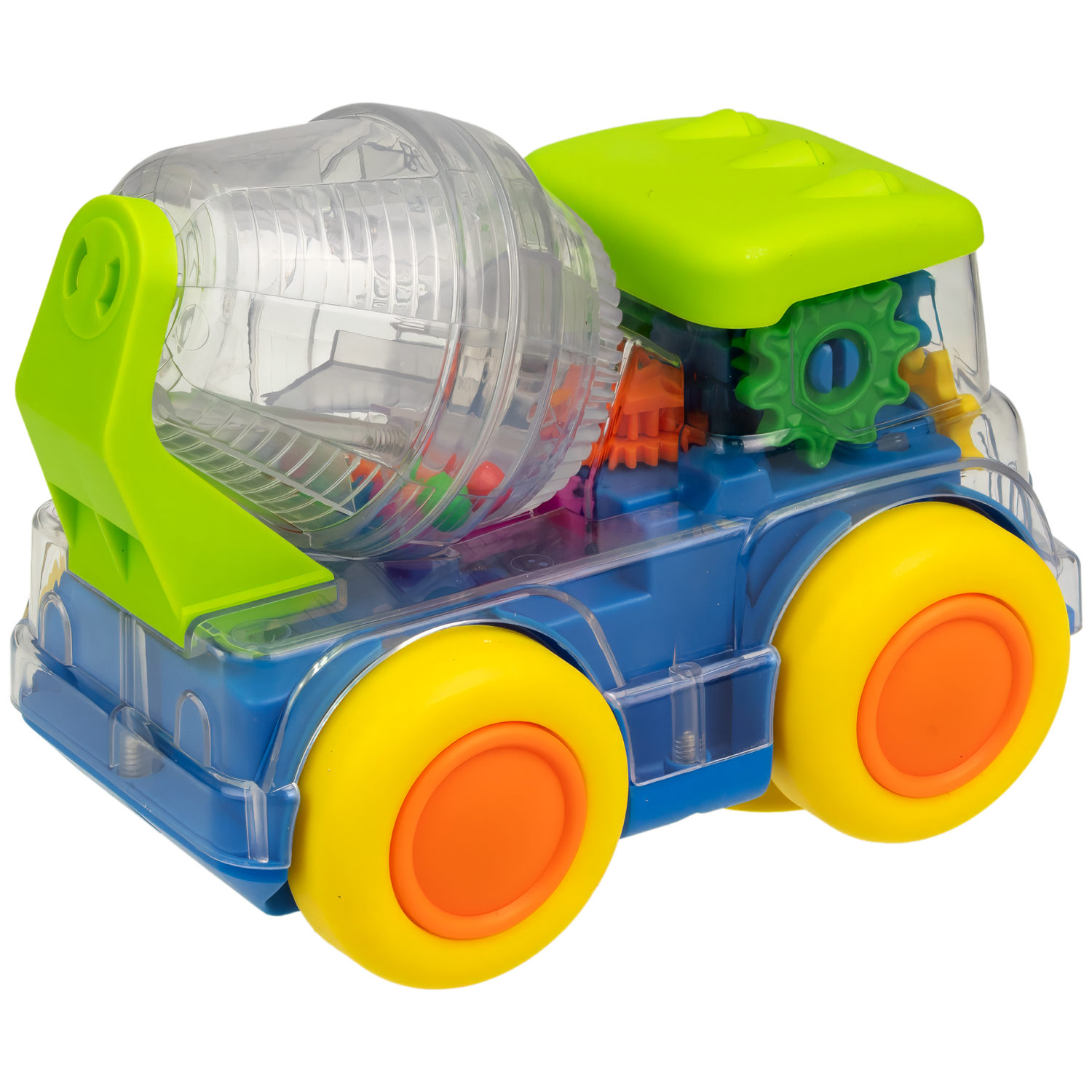 Машинка 1TOY Движок «Бетономешалка», спецтехника, прозрачная с шестеренками, со светом и звуком, 1 шт.