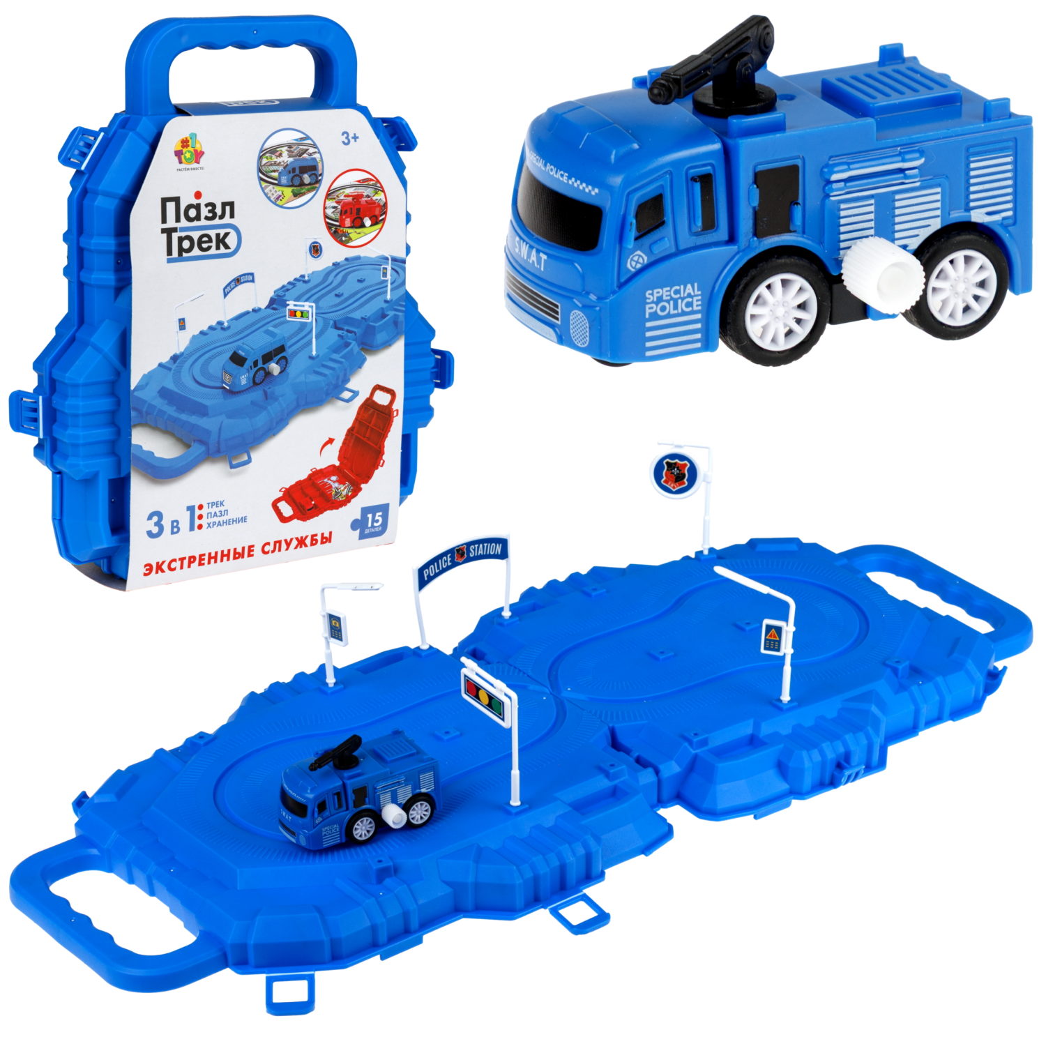 1toy игровой набор пазл-трек "Экстренные службы" с машинкой, 2 вида, в контейнере, 15 деталей