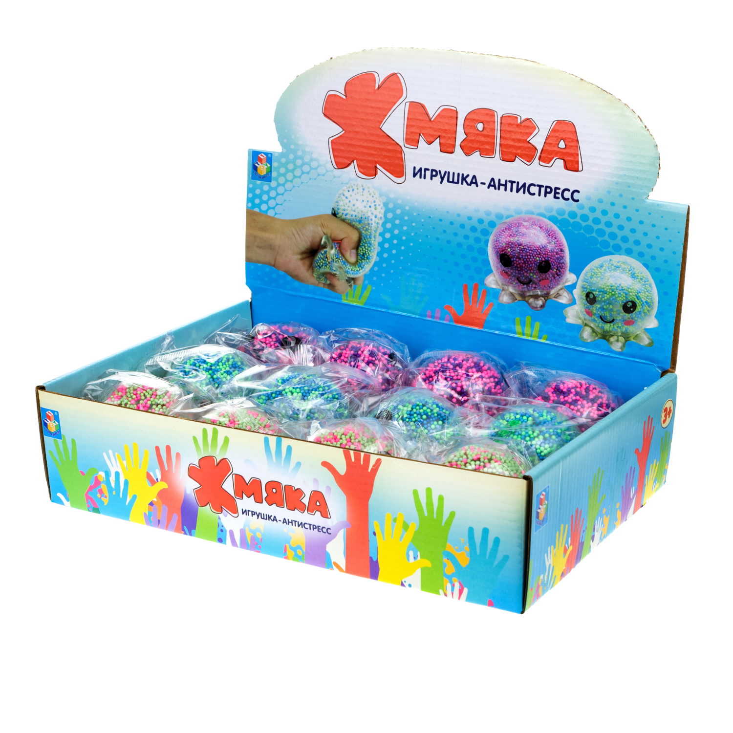 1toy Жмяка осьминог, 8х6,5 см, 3 вида в асс., 12 шт. в д/б