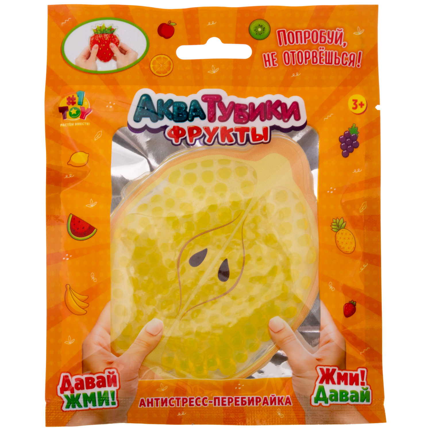 Акватубики переливайка 1TOY «Фрукты» скользун с водой внутри, антистресс для рук, жмякалка, 10 видов в ассортименте