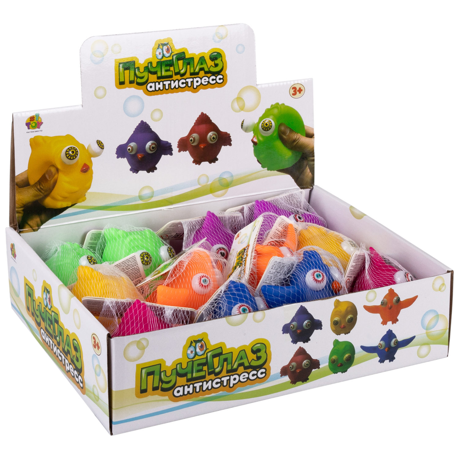 1TOY Пучеглаз-антистресс "Птицы" 7х6x5 см, 6 цветов в ассортименте