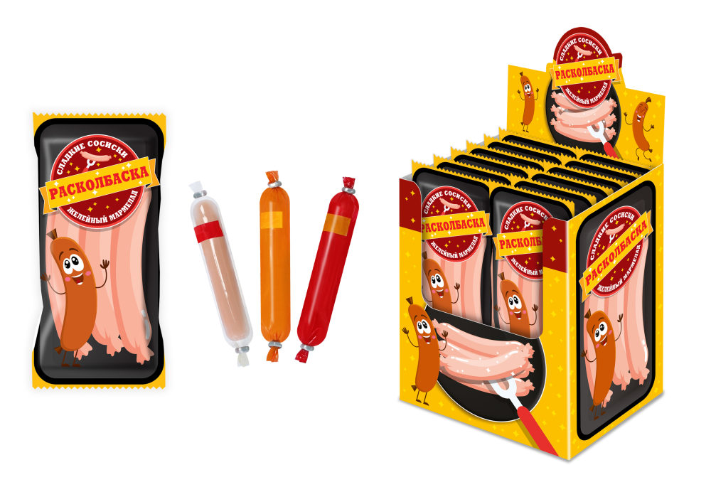 РАСКОЛБАСКА сладкие сосиски желейный мармелад, блок 12 шт. (33г х 12 х 24)