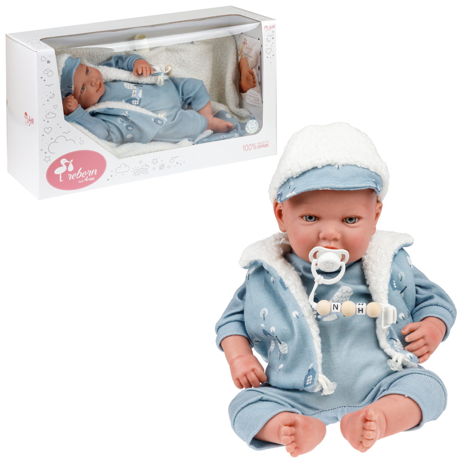 Arias Reborn Bruno новорожденный пупс мягкий 45 см., в голубой одежде, с соской, с одеялом,кор.