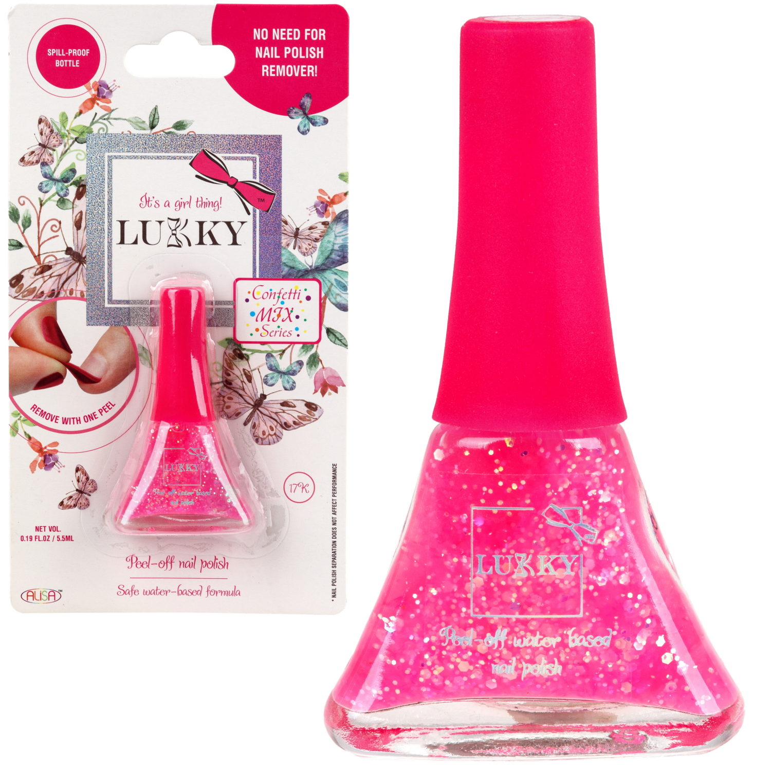 Детский лак для ногтей на водной основе с блестками Lukky, Конфетти-Микс, безопасный, малиновый перламутр с блёстками, блистер, 5,5 мл