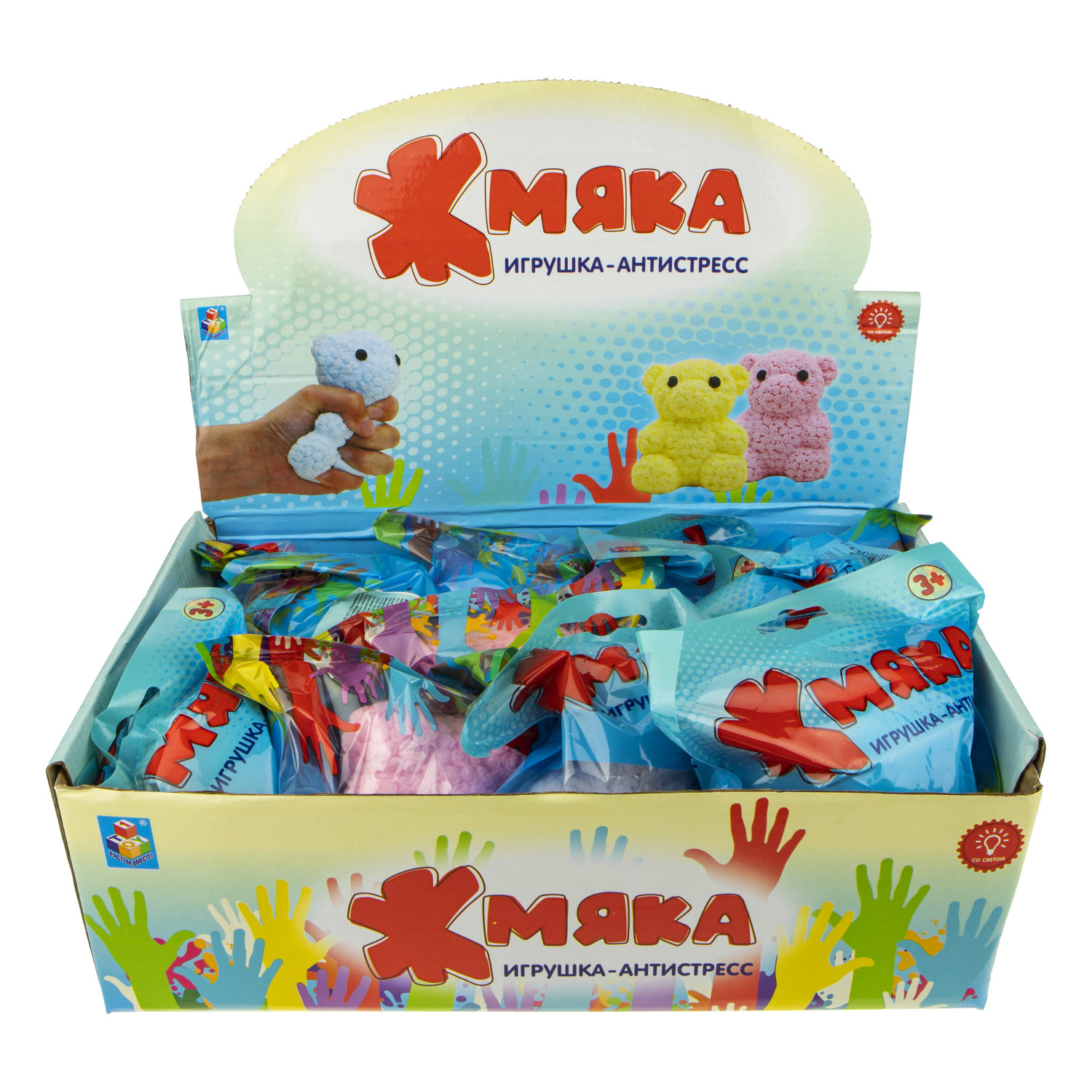 1toy Жмяка мишка в розах со светом, 8*6 см, 4 цвета, цветной пакет с подвесом, 12 шт в д/б