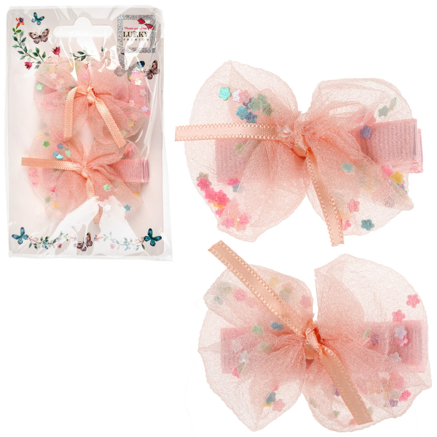 Заколки для волос Lukky Fashion Бантики с блестящей насыпкой, детские, для девочки, зажимы, 4 цвета в ассортименте, набор 2 шт.