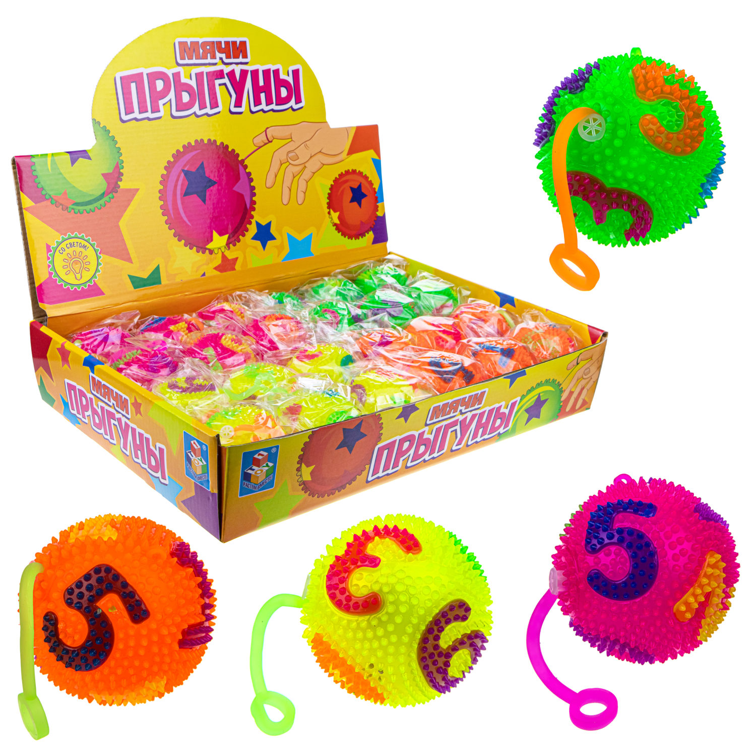 Мячик-прыгун 1TOY цифры, со светом, 6,5 см