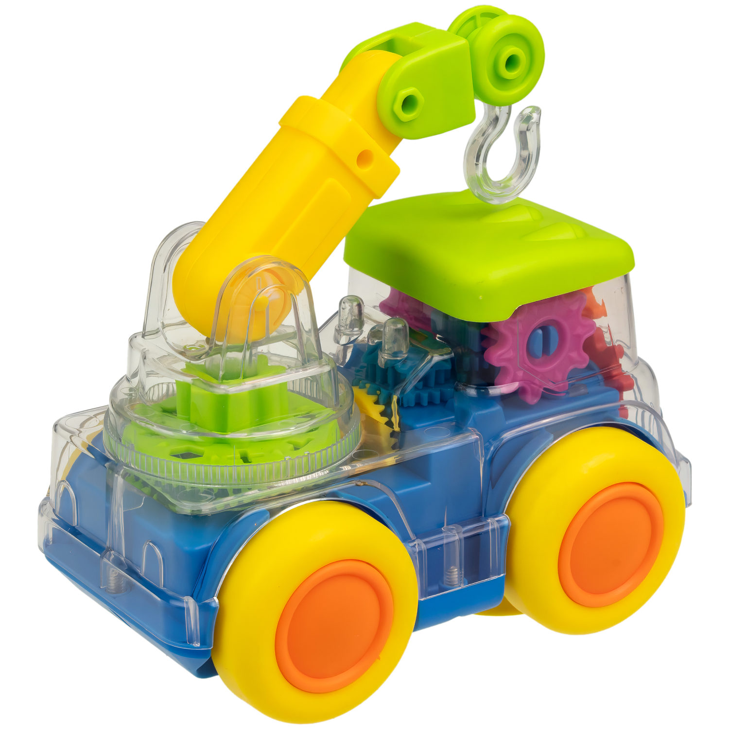 Машинка 1TOY Движок «Автокран», спецтехника, прозрачная с шестеренками, со светом и звуком, 1 шт.