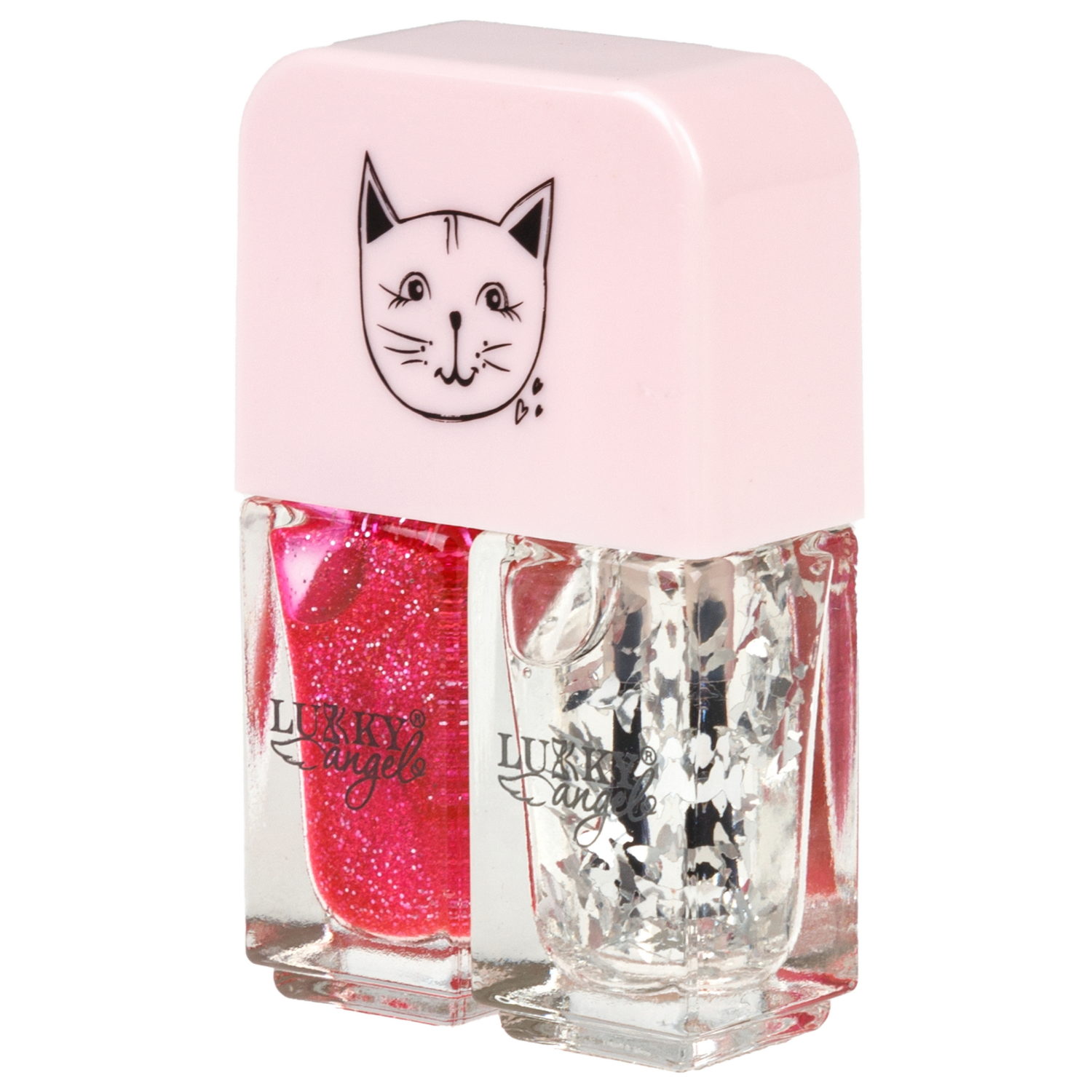 Двойной лак для детских ногтей Lukky Angel Just Duet с серебряными блестками и ярко-розовый с блестками, 2 по 4 мл