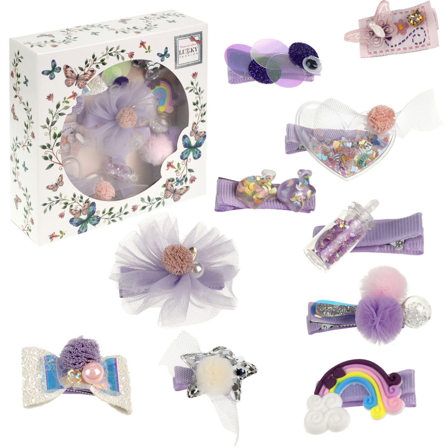Lukky Fashion набор аксессуаров для волос сиреневый, в наборе 10 заколок, подарочная упаковка 14х14х4см