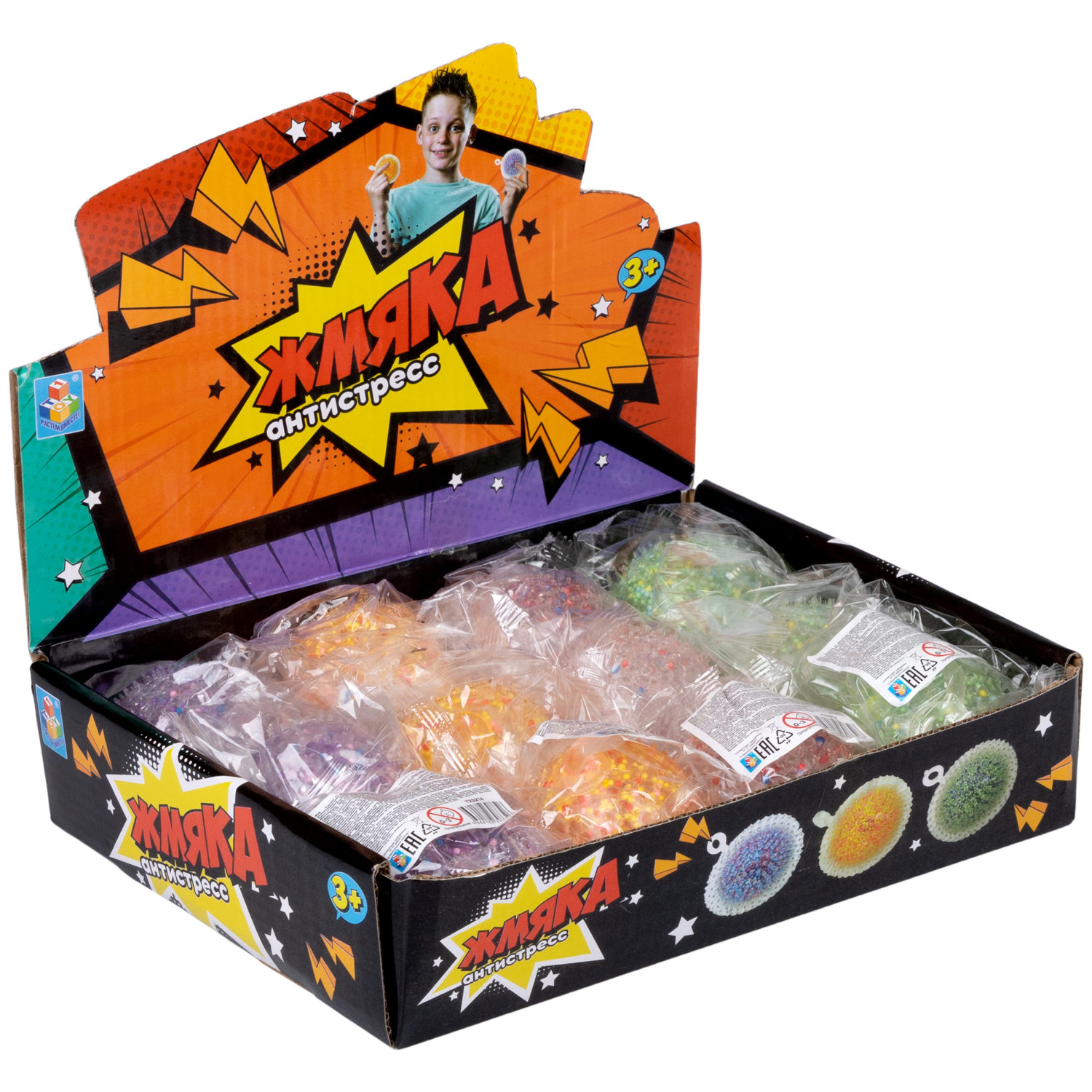 1toy Жмяка-антистресс "Шар" с разноцветными шариками 7 см, 4 вида в асс., 12 шт. в д/б