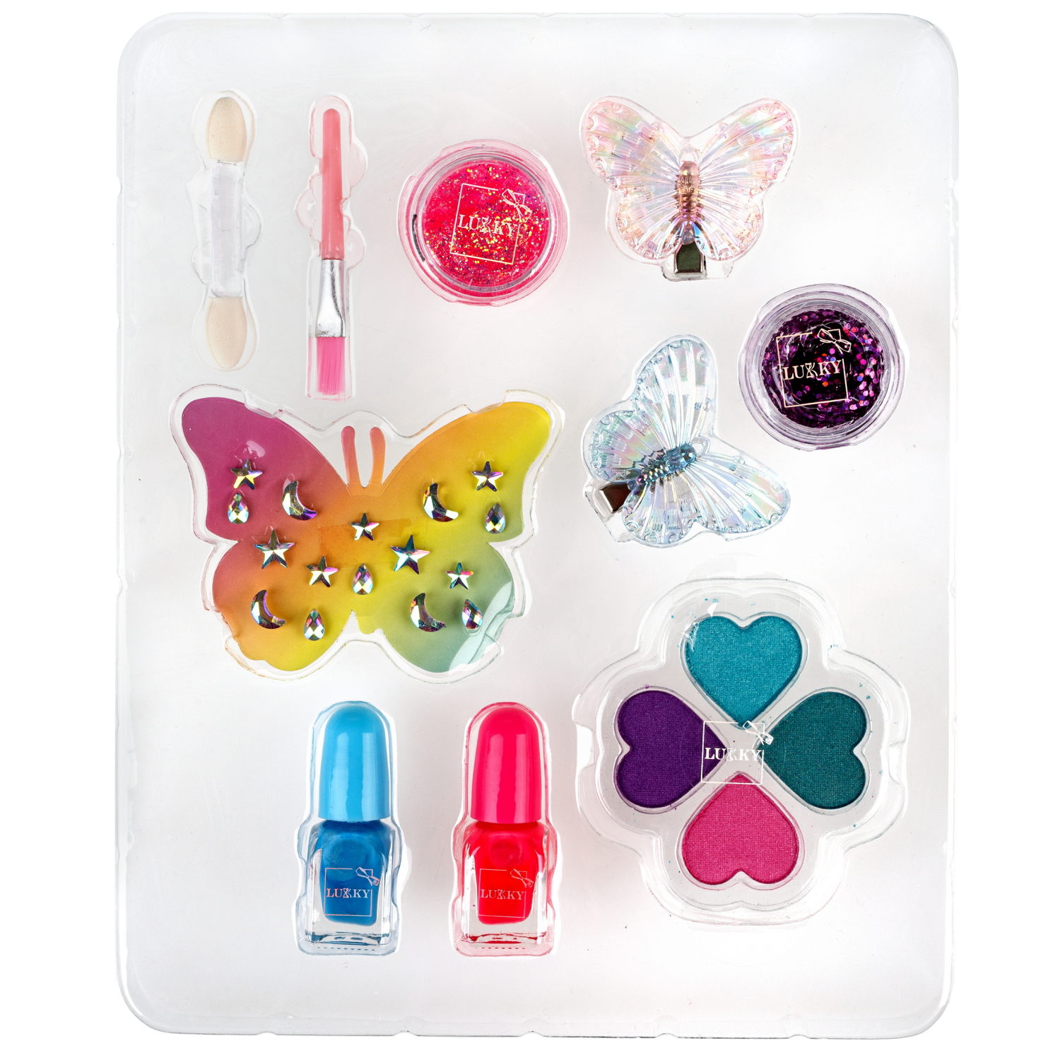 Lukky Бьюти-Дизайн Бабочки: гель-блёстки, лак для ногтей, гель-тени с блёстками, кисточка, заколочки для волос, стразы для лица