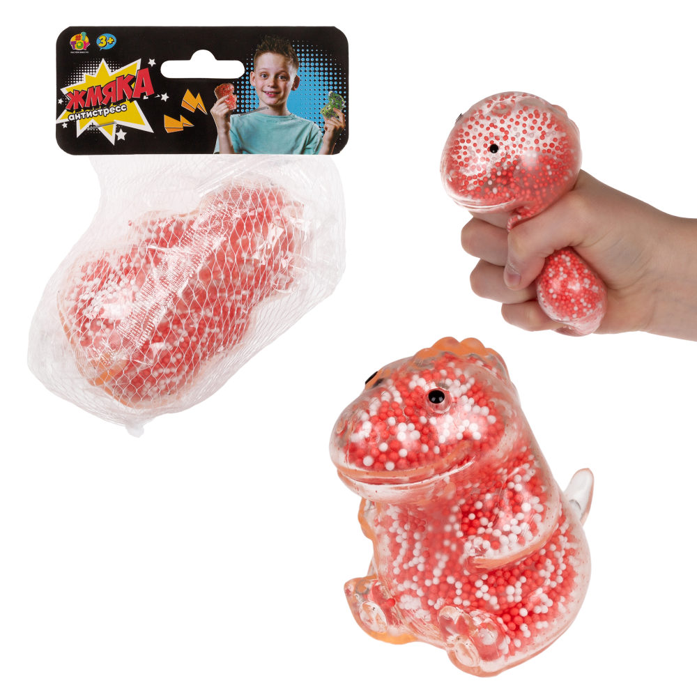1toy Жмяка динозавр с пенопластовыми шариками, 8х11 см, красно-белый