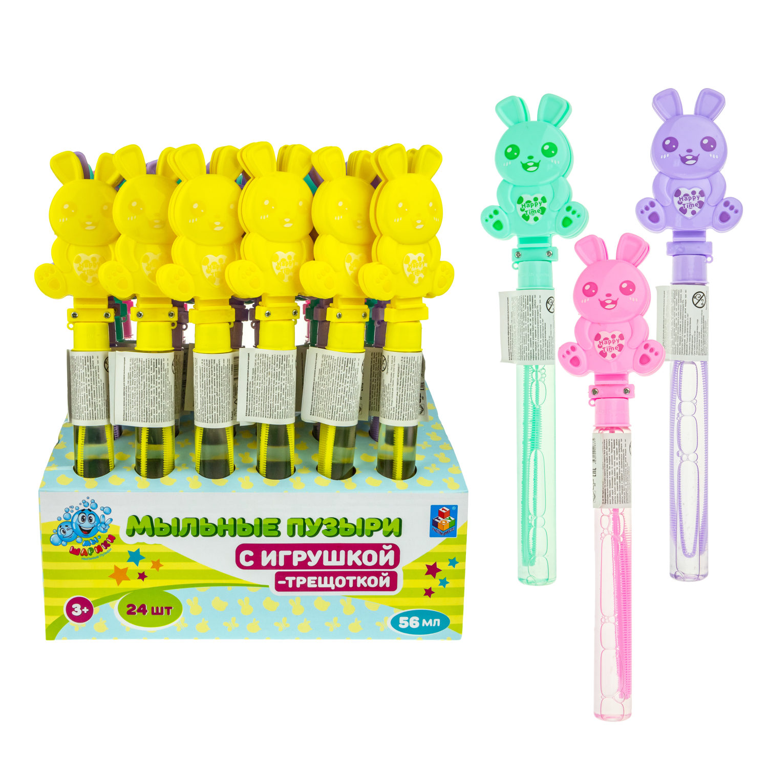 Мыльные пузыри с игрушкой-трещоткой 1TOY Мы-шарики! Зайка, 56 мл, 4 цвета в ассортименте