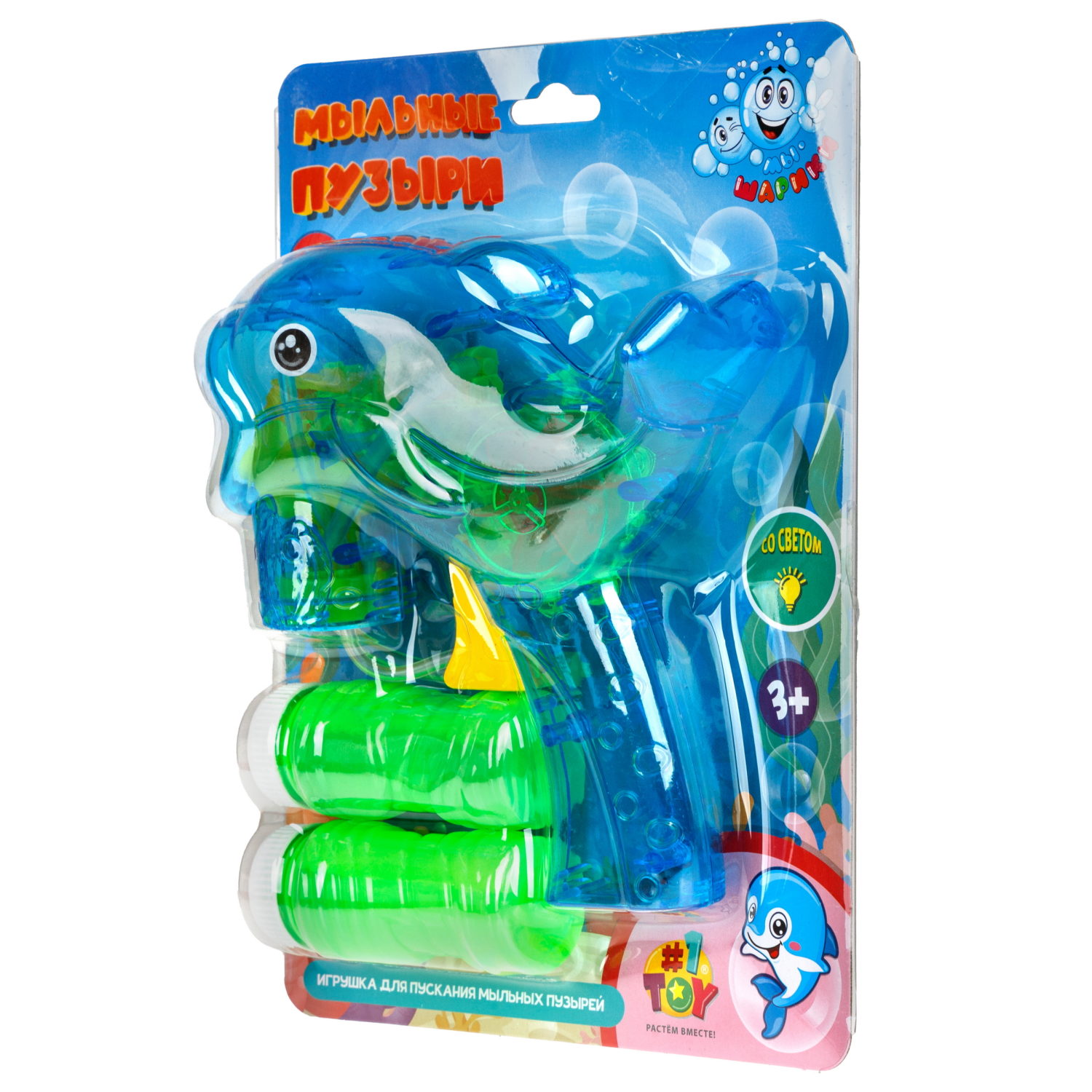 Пистолет для пускания мыльных пузырей 1TOY Мы-шарики! в виде дельфина, со световыми эффектами, 2*50 мл