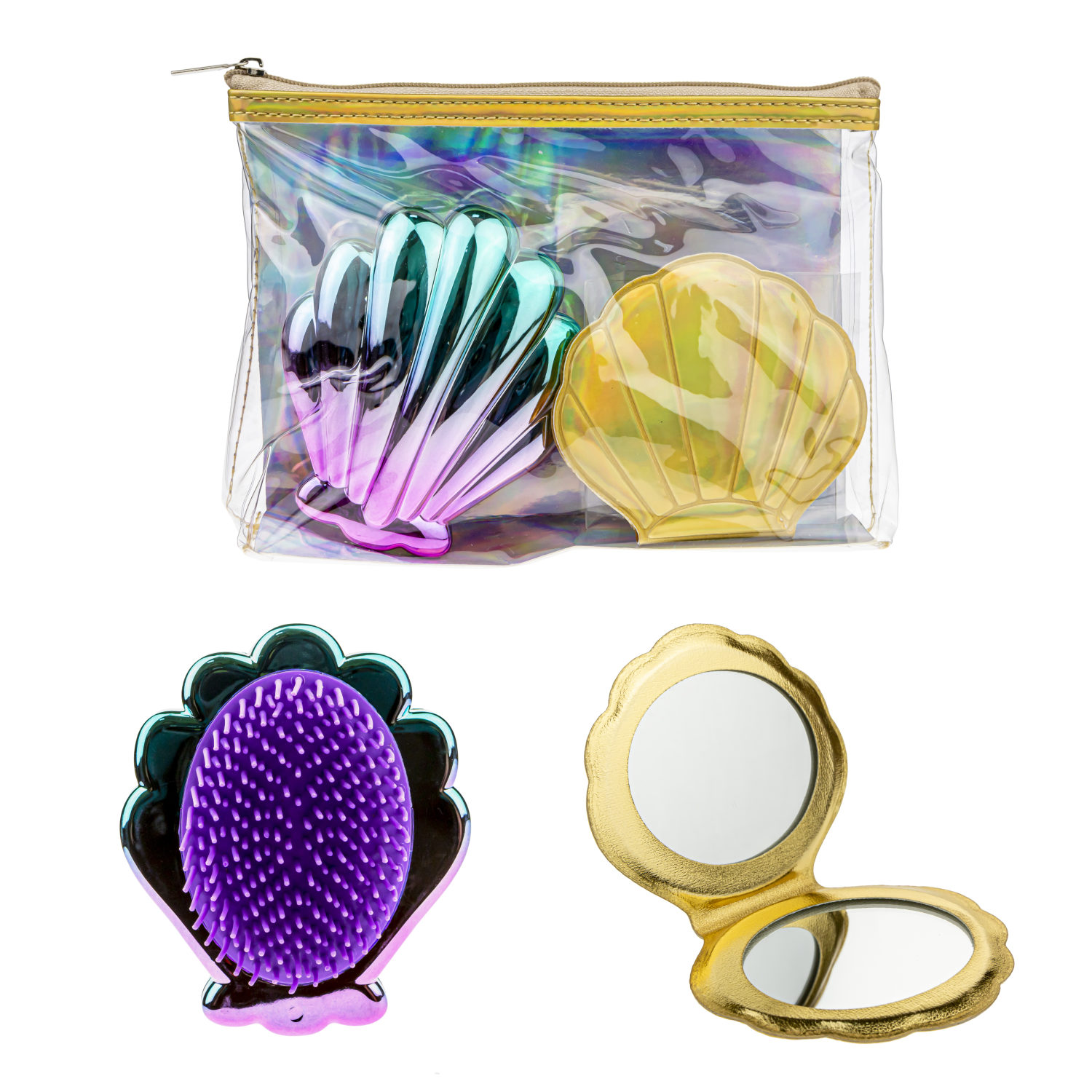 Lukky Набор 3 в 1: расческа+зеркальце "Ракушки" в косметичке, золотистый