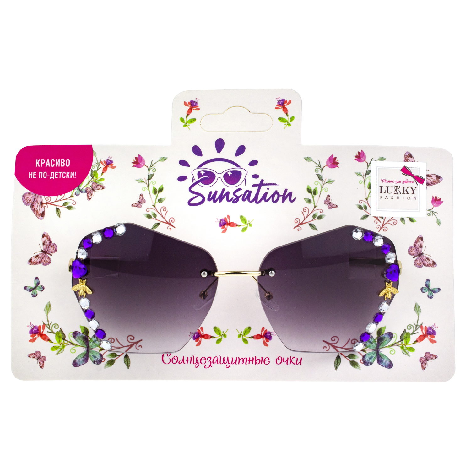 Солнцезащитные очки Lukky Fashion с бело-фиолетовыми стразами