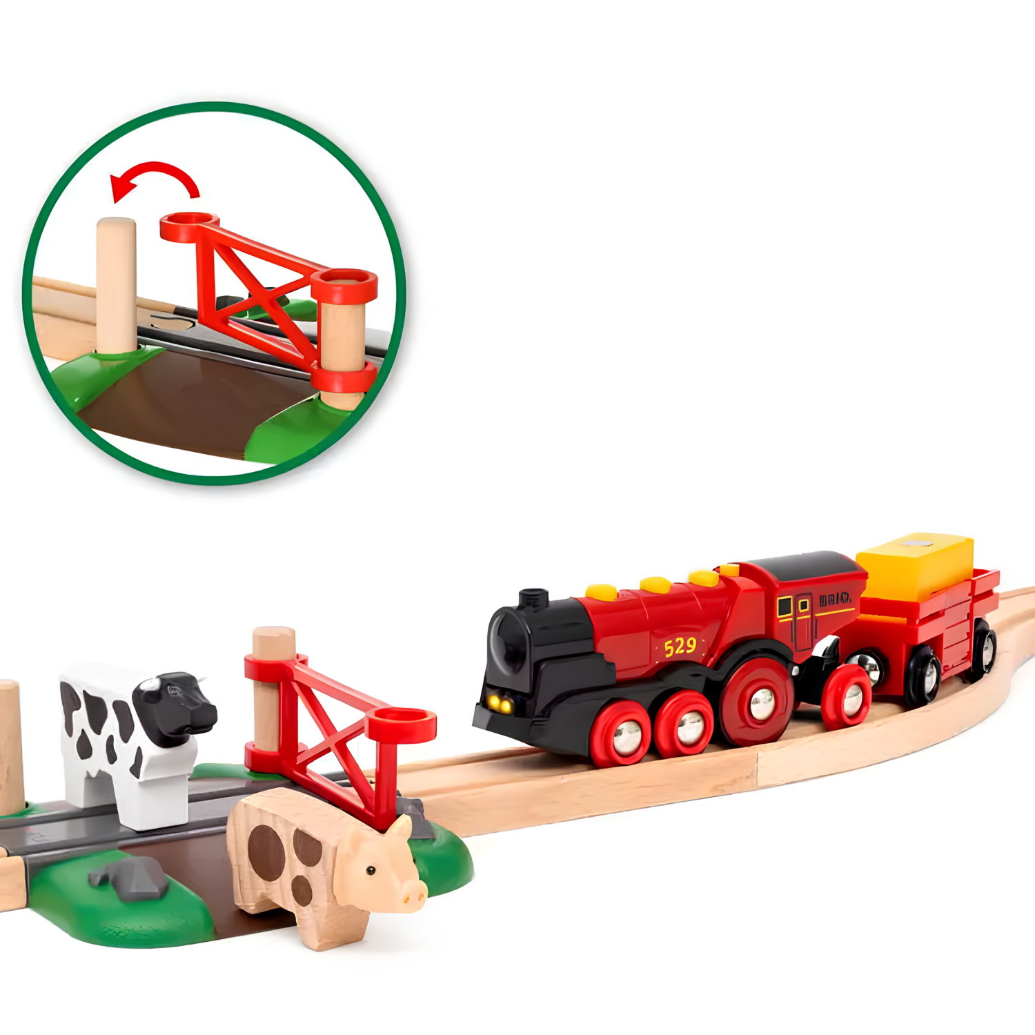 Деревянная железная дорога с электропоездом BRIO «Красный фермерский поезд», со светом и звуком, 24 элемента