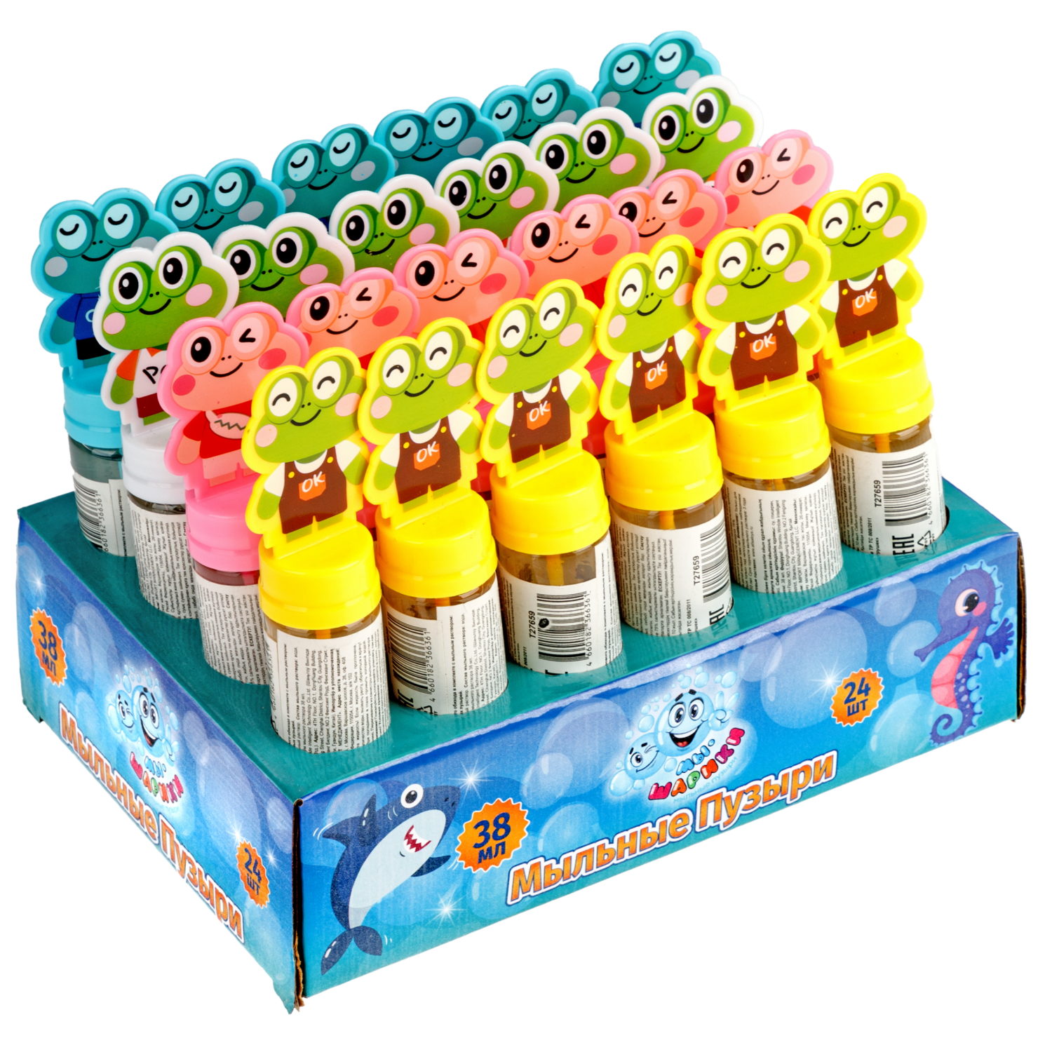 1toy Мы-шарики! мыл. пузыри колба с кругляшом лягушата, 38 мл, 24 шт в д/б