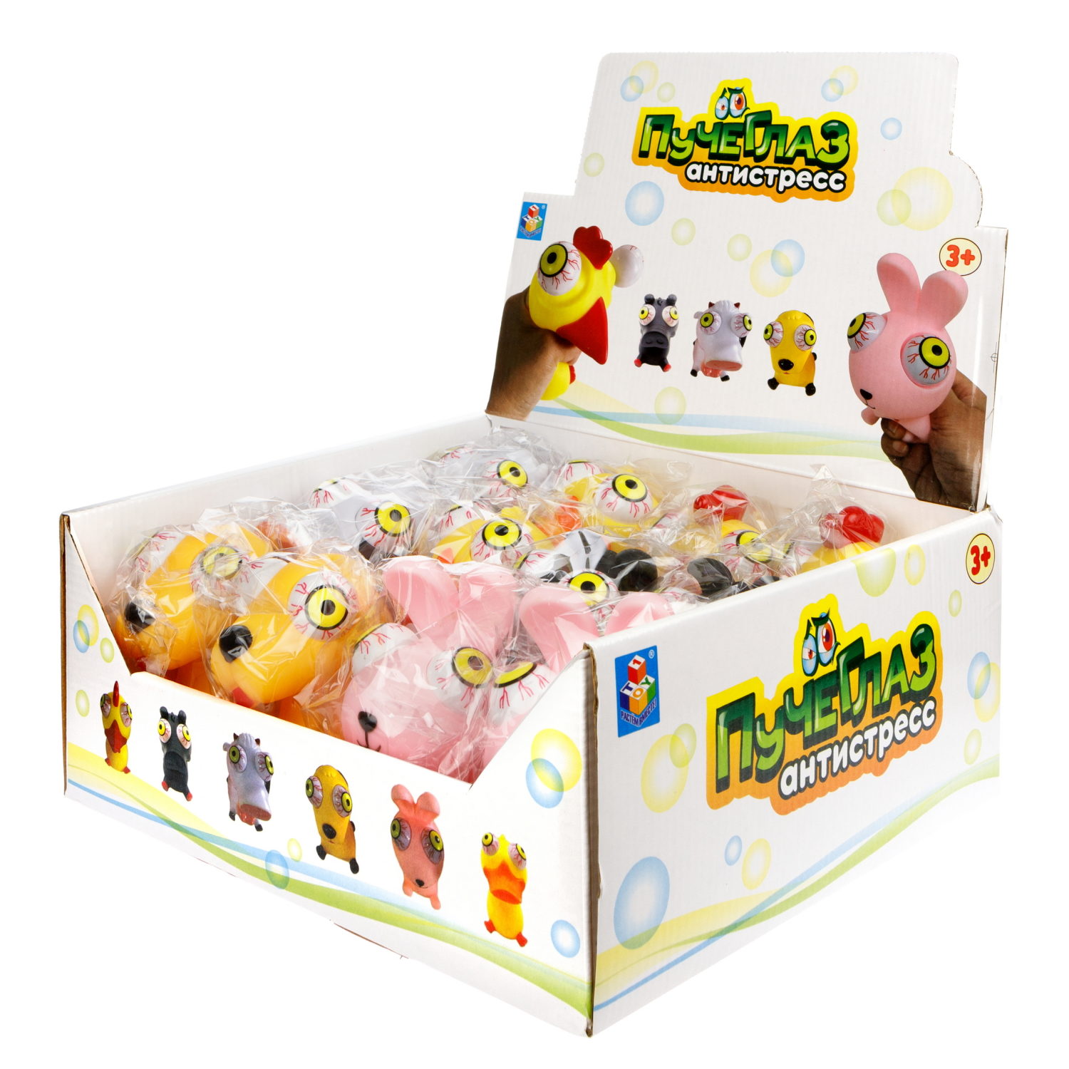 1toy Пучеглаз-антистресс "Животные" 8,4х7,6х9,6см, 6 видов в асс., 12 шт. в д/б