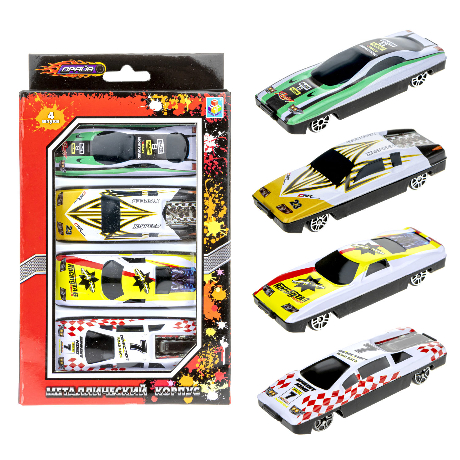 Набор металлических машинок 1TOY Драйв, гоночные, маленькие, 7 см, 4 шт.