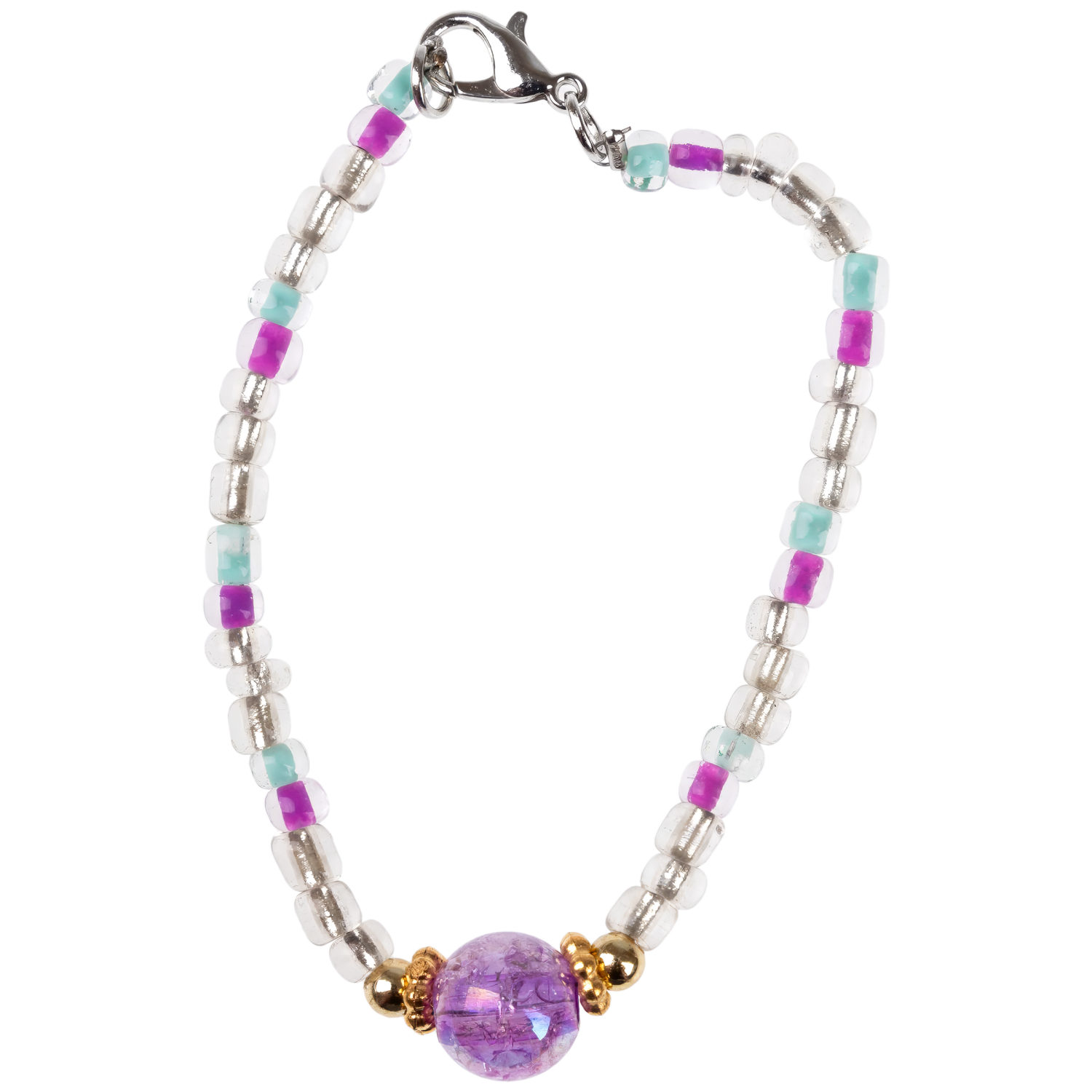 Набор украшений Lukky Fashion "Перламутровые фиолетовые мишки" из глазированных бусин: 3 браслета, клипсы для ушей, бусы с подвеской