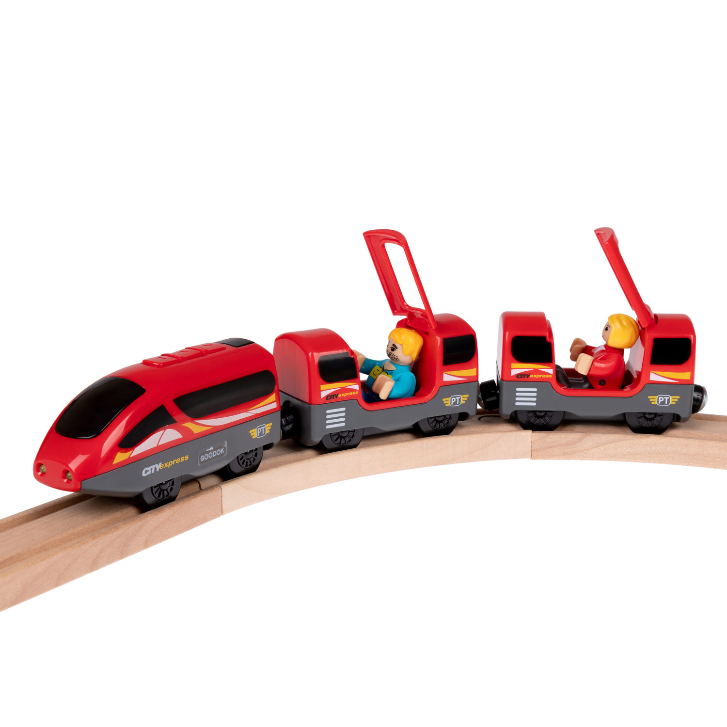 Деревянная железная дорога 1TOY GOODOK с электропоездом на пульте управления, 49 элементов
