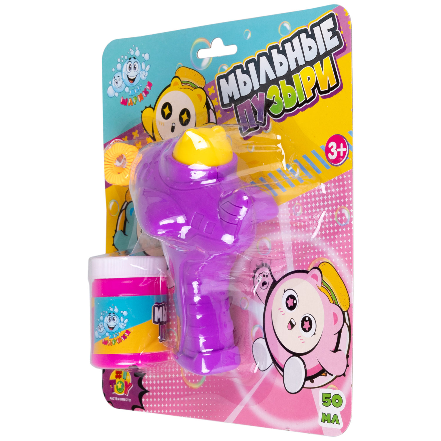 Пистолет для мыльных пузырей механический 1TOY Мы-шарики! Мультяшка на самолете, 50 мл, сиреневый