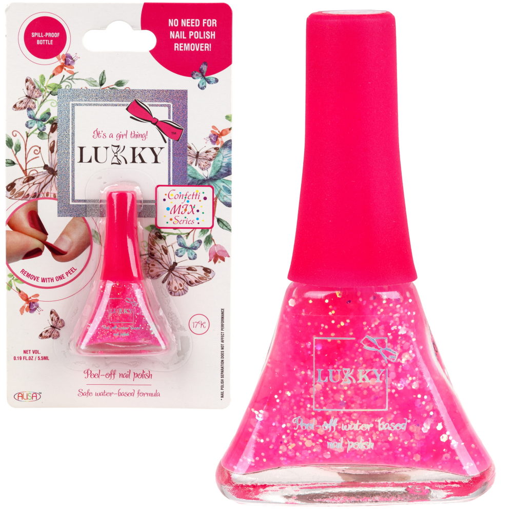 Детский лак для ногтей на водной основе с блестками Lukky, Конфетти-Микс, безопасный, малиновый перламутр с блёстками, блистер, 5,5 мл