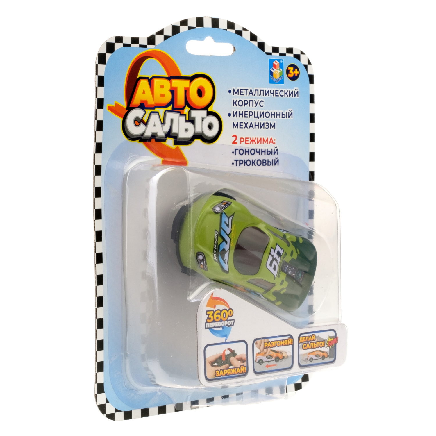 1Toy Авто Сальто, металлическая машинка прыгающая, инерц., 9 см, 1 шт, блистер (в ассорт. 8 видов)