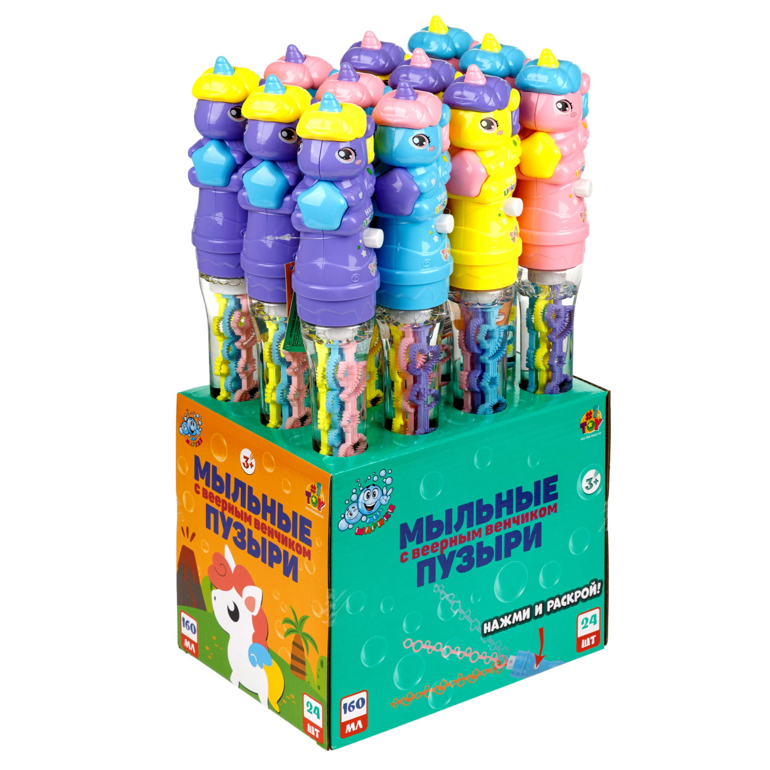 Мыльные пузыри 1TOY Мы-шарики! Единорог с веерным венчиком, 160 мл, 3 цвета в ассортименте