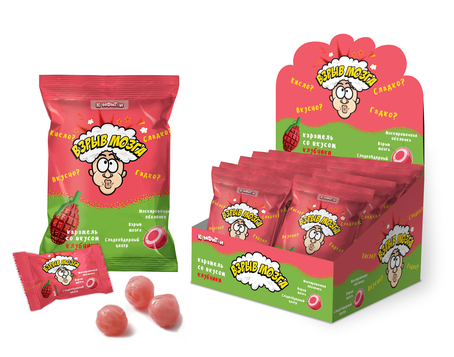 ВЗРЫВ МОЗГА карамель со вкусом клубники в пакете, блок 24 шт. (15г х 24 х 12) штучный