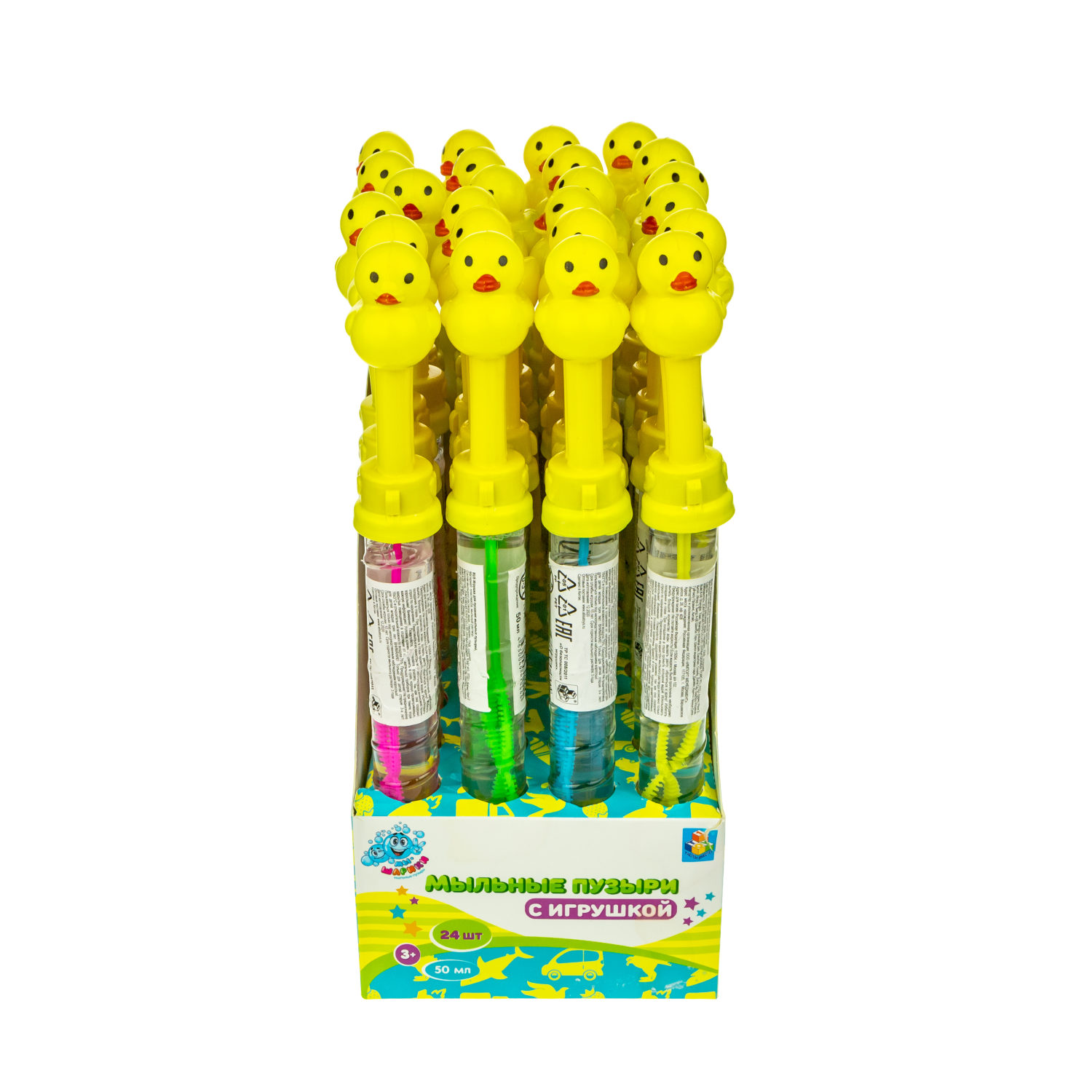 Мыльные пузыри с игрушкой 1TOY Мы-шарики! Уточка, 50 мл, 4 цвета в ассортименте