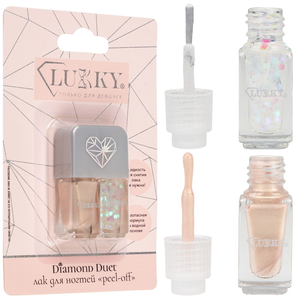 Двойные лаки для ногтей Lukky Diamond Duet, 2 по 4 мл, золотой с блёстками, блистер