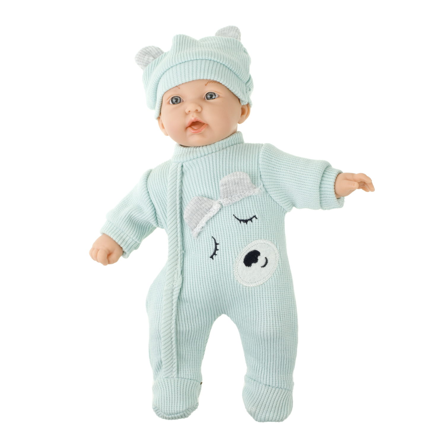Пупс в голубом комбинезоне 28 см,с шапочкой и слюнявчиком