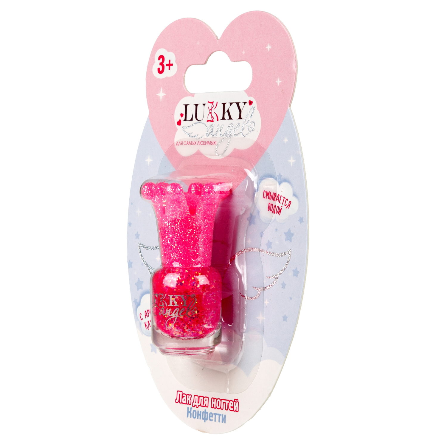 Lukky Angel Лак для ногтей Конфетти, смываемый водой, цвет ярко-розовый с блестками, с ароматом клубники, 5 ml, блистер