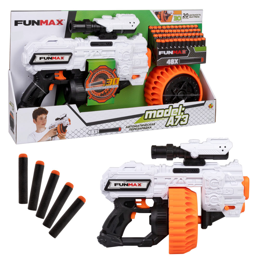 1TOY Funmax "A73" бластер электрический, барабан на 30 выстрелов, в комплекте 48 EVA снарядов