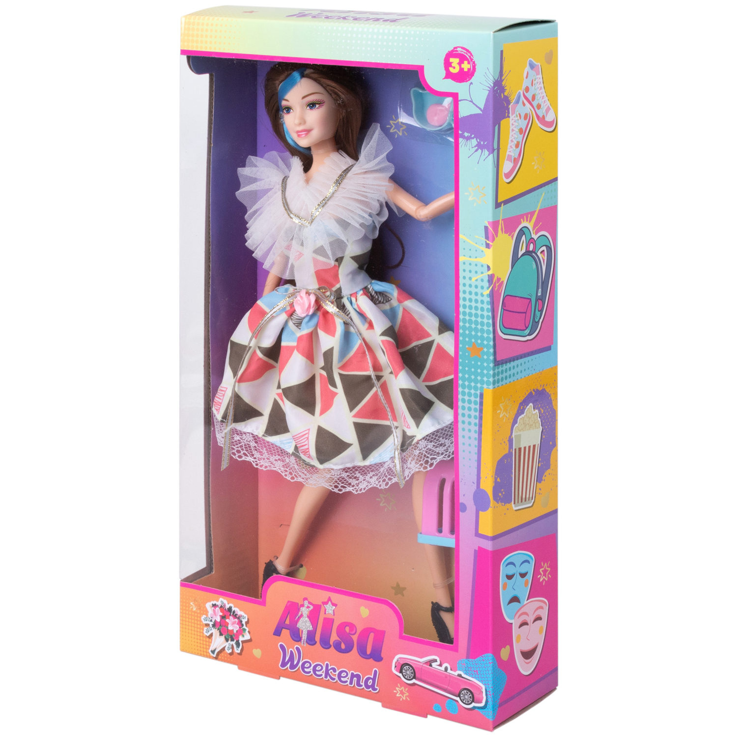 Кукла Alisa Weekend с голубой прядью, в цветном платье, с питомцем, переноской и аксессуарами, 29 см