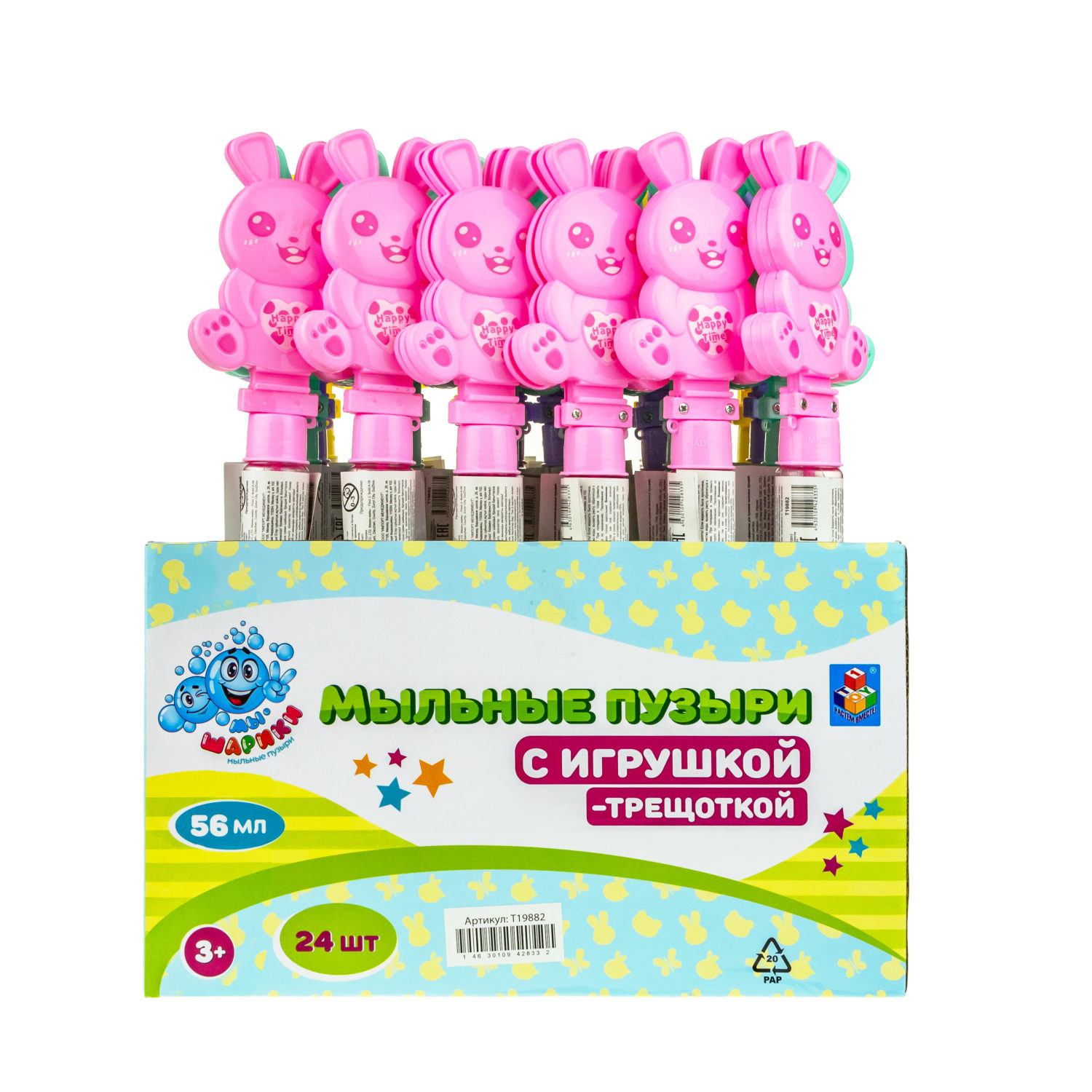 Мыльные пузыри с игрушкой-трещоткой 1TOY Мы-шарики! Зайка, 56 мл, 4 цвета в ассортименте