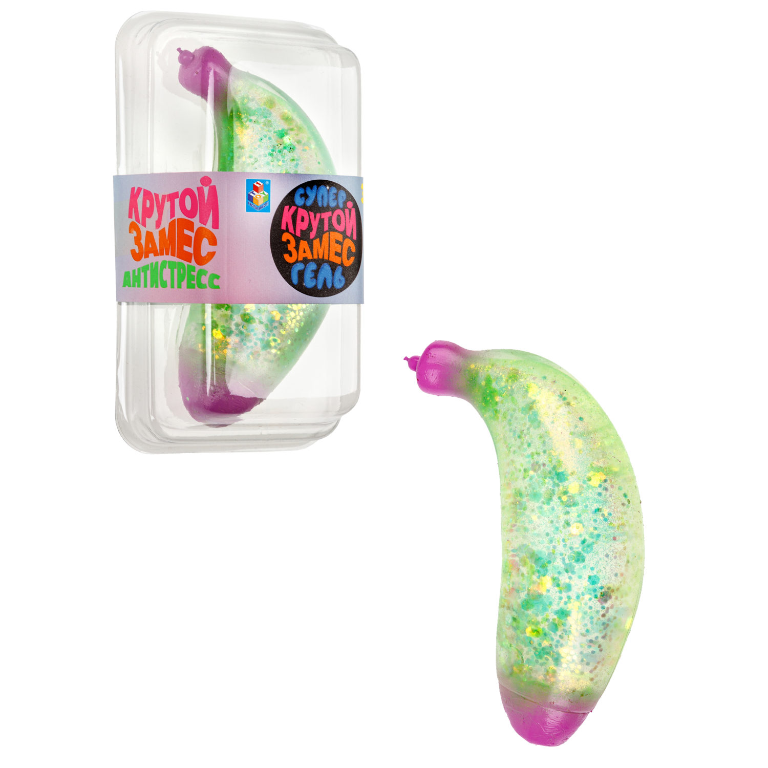 Антистресс-игрушка для рук 1TOY Крутой замес Супергель Банан с блестками, 11 см, зелёный