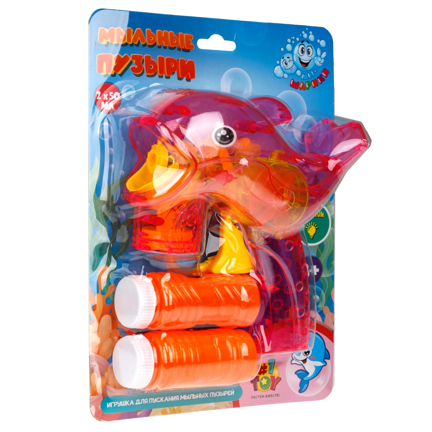 Пистолет для пускания мыльных пузырей 1TOY Мы-шарики! в виде дельфина, со световыми эффектами, 2*50 мл